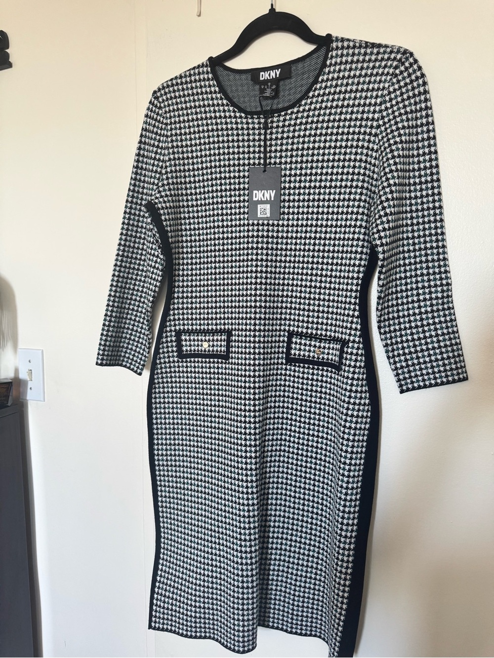 DKNY Black and White Houndstooth Midi Dress